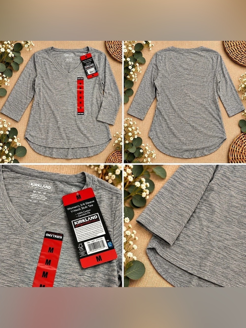 Kirkland Signature Women's 3/4 Sleeve V-Neck Slub Tee Gray Medium
